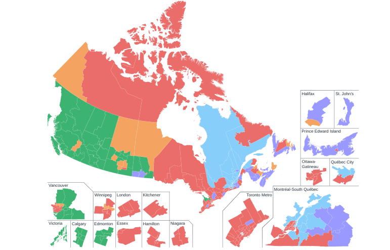Alternate 1997 Canadian federal riding map (Liberal minority).png