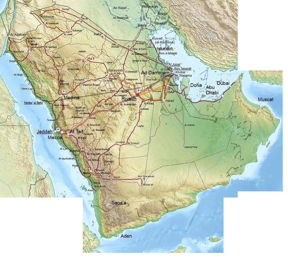 arabia relief map edited with oil cities railways roads bases desalination incomplete jpeg with .jpg