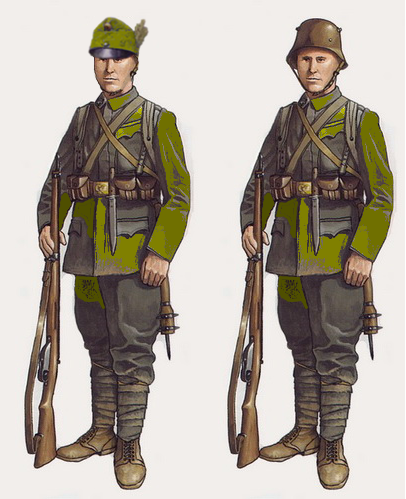 Kymrian soldier (trench raider) in keppi and helmet with rifle.png