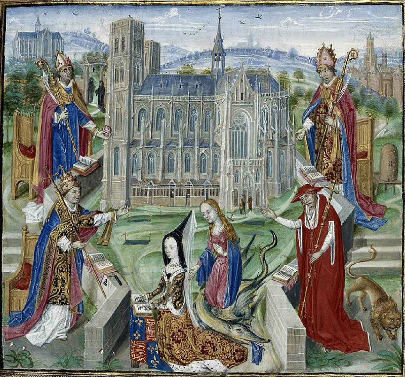 Margaret of York praying in front of the st gudula church of Brussels.jpg