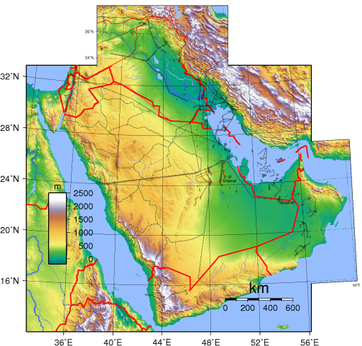 saudi arabia iraq and oman topographic with provinces railways and oil infrastructure smaller.png