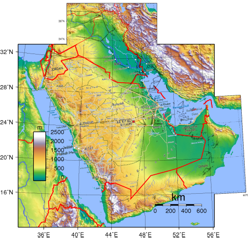 saudi arabia iraq and oman topographic with provinces railways oil infrastructure and roads smal.png