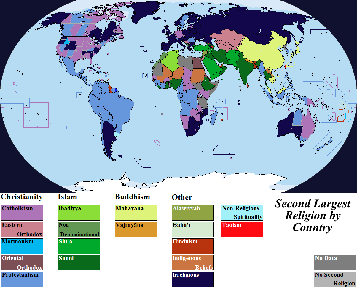 Second Largest Religion by Country (2013).png