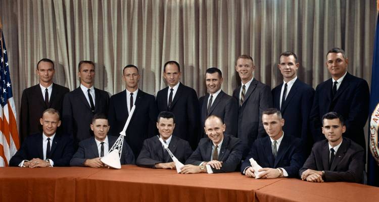  Group 3 astronauts. Back row, L-R: Collins, Cunningham, Eisele, Freeman, Gordon, Schweickart, Scott, Williams. Front row, L-R: Aldrin, Anders, Bassett, Bean, Cernan, Chaffee. 