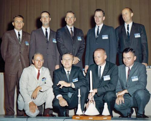 Group 2 astronauts: Back row: See, McDivitt, Lovell, White, & Stafford. Front row: Conrad, Borman, Armstrong, & Young